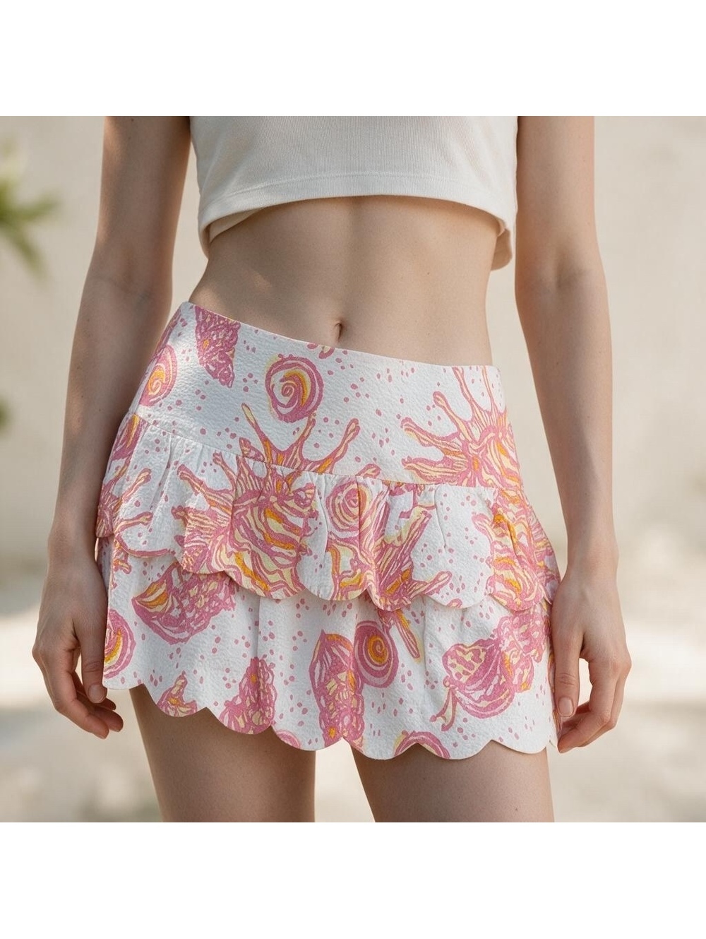 Lilly Pulitzer Pink Orange White Seashell Tiered Scalloped Mini Skirt Size 2 eUC